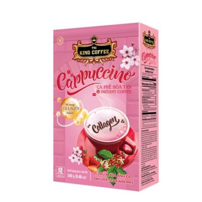 Cà Phê Hòa Tan Cappuccino Collagen KING COFFEE vị Dâu và Hoa Anh Đào - Hộp 12 gói x 20g