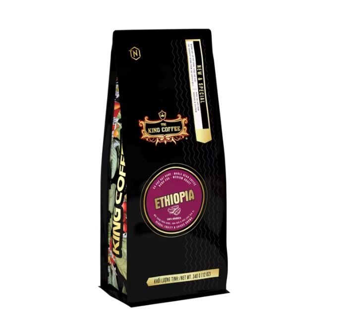 KING-COFFEE-Ethiopia-whole-bean-coffee-Bag-340g-VE.jpg Cà Phê Hạt Rang Ethiopia KING COFFEE - Túi 340g