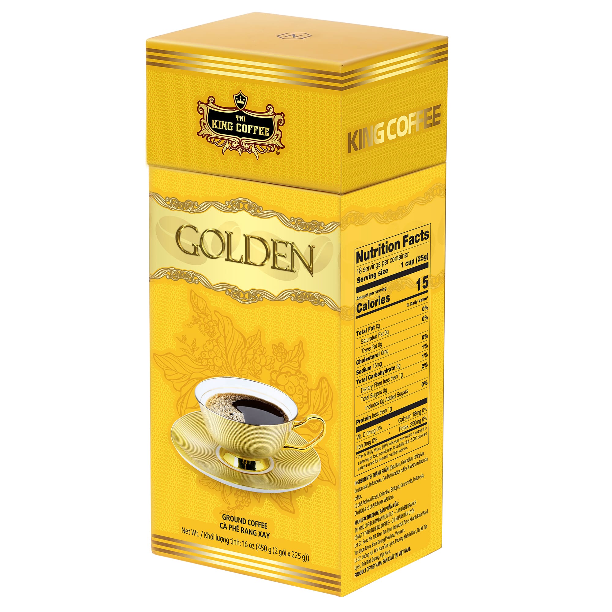 King-coffee-Golden-Box-450gr.jpg Cà Phê Rang Xay Cao Cấp Golden KING COFFEE - Hộp 450g